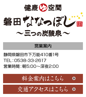 健康ゆ空間『磐田ななつぼし』 静岡県磐田市下万能410番1号／TEL：0538-33-2617／営業時間：毎朝6時?深夜2時